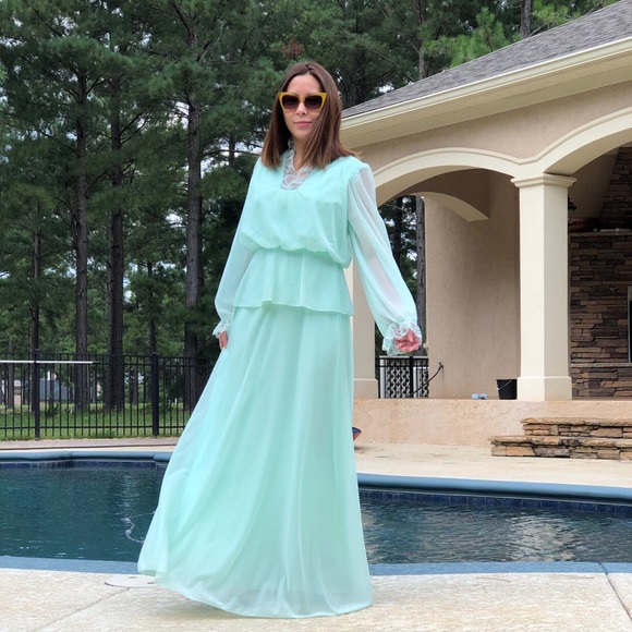 70s MINT BLUE FLOWY DRESS - Picture 2 of 4
